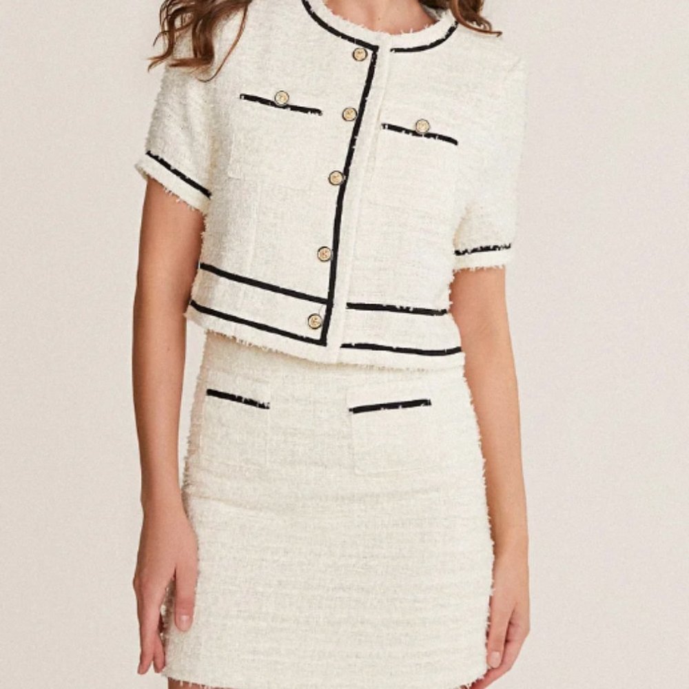 White Contrast Trim Top and Mini Skirt Matching Set